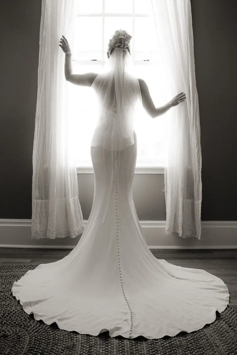 bride looking out window